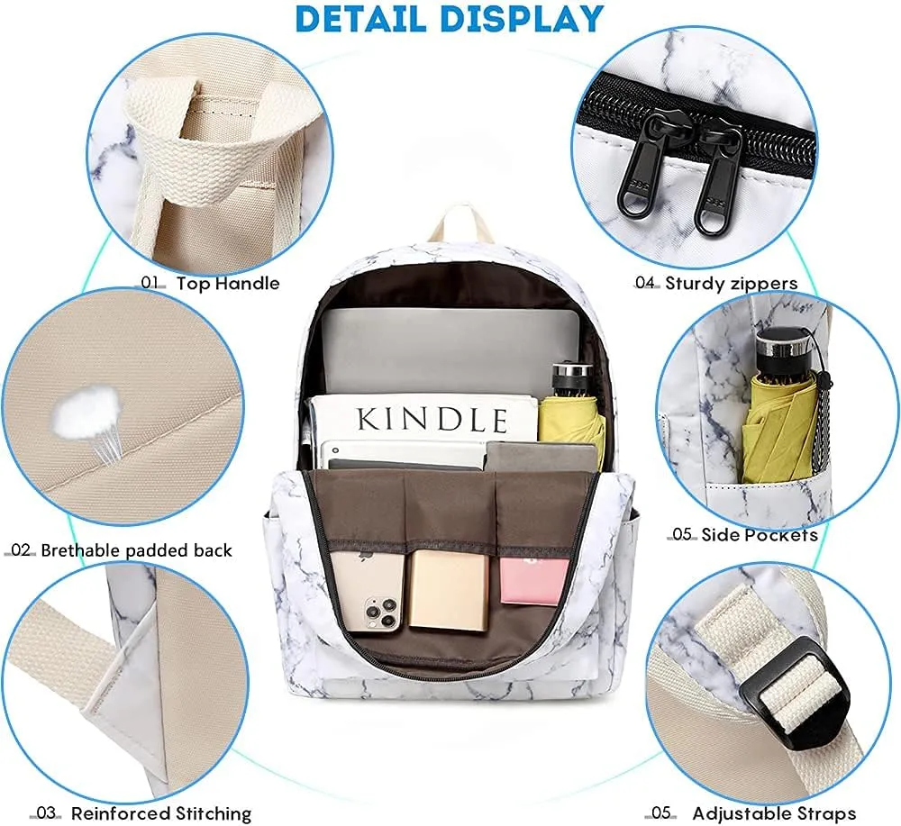 Sunborls Backpack for Teen Girls Lightweight High-Capacity Student Bookbag Women Backpack With Lunch Bag Pencil Bags Student Bookbags 3pcs（Marble White）