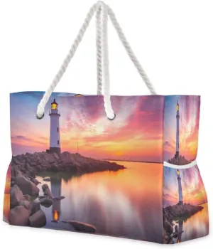 Sunset Lighthouse Beach Bag & Travel Tote Bag Large Sandproof with Zipper Closure, Wet Pouch for Swim Gym Travel, Lightweight Foldable Outdoor Bag