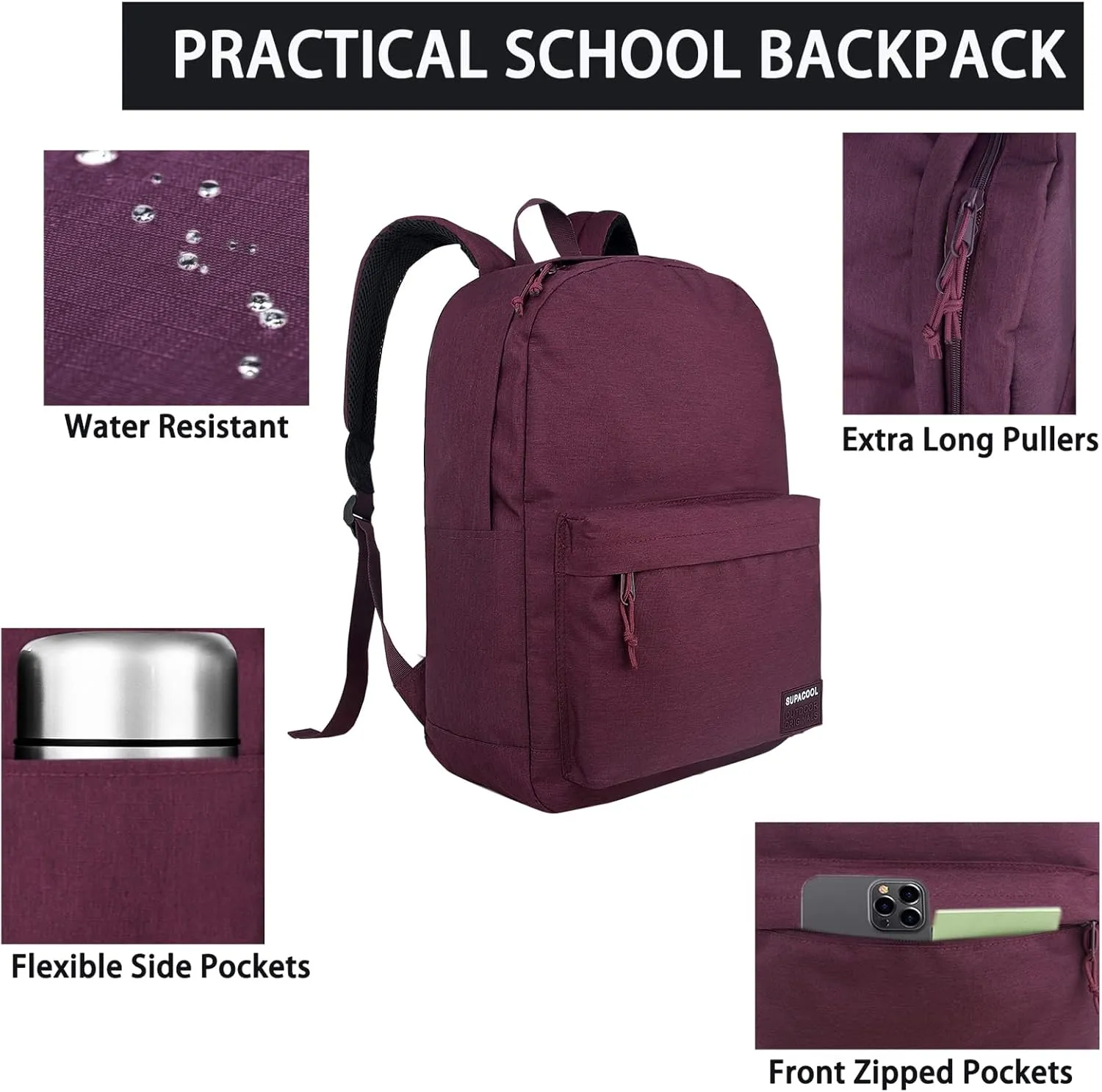 SUPACOOL Casual Laptop Backpack for Men and Women, Backpack for College, USB Charging Port, Lightweight Pack Back(Burgundy Red)