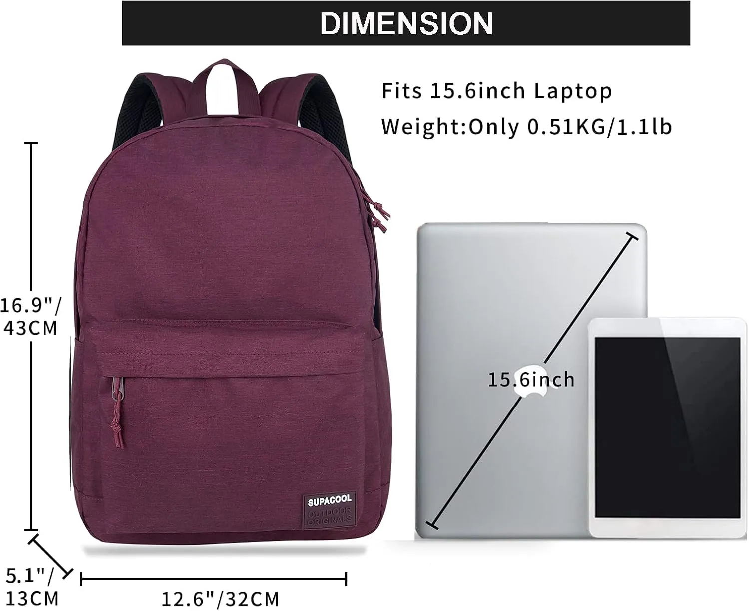 SUPACOOL Casual Laptop Backpack for Men and Women, Backpack for College, USB Charging Port, Lightweight Pack Back(Burgundy Red)