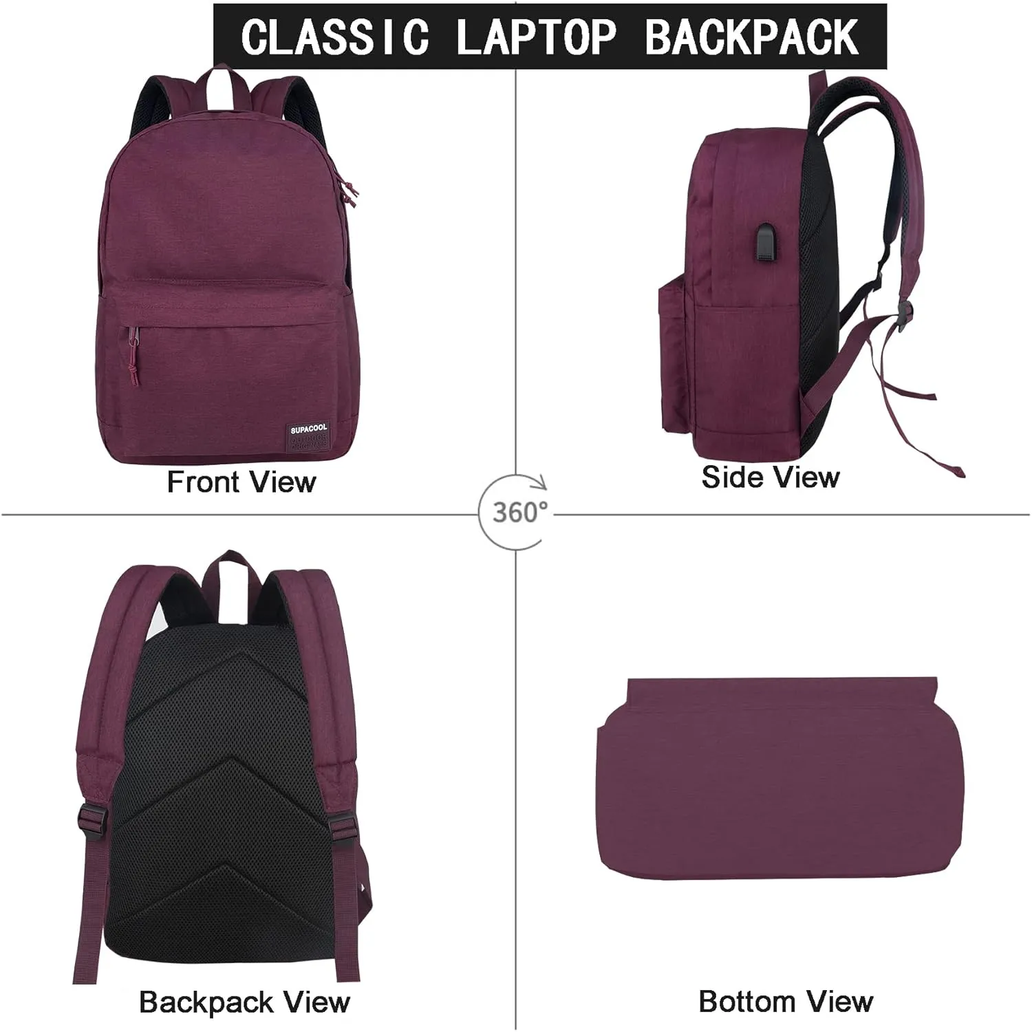 SUPACOOL Casual Laptop Backpack for Men and Women, Backpack for College, USB Charging Port, Lightweight Pack Back(Burgundy Red)