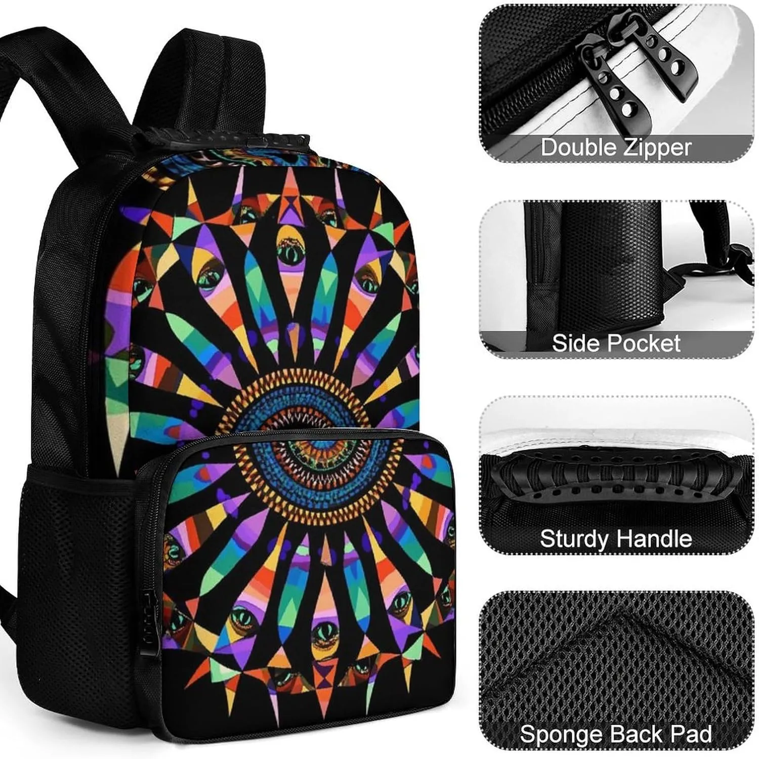 Supdreamc Lightweight Rucksack for Sports Travel Running - Big Capacity Multipurpose Anti-Theft Bookbag, Colorful Trippy Kaleidoscope Pattern Travel and Sport Backpack Rucksack