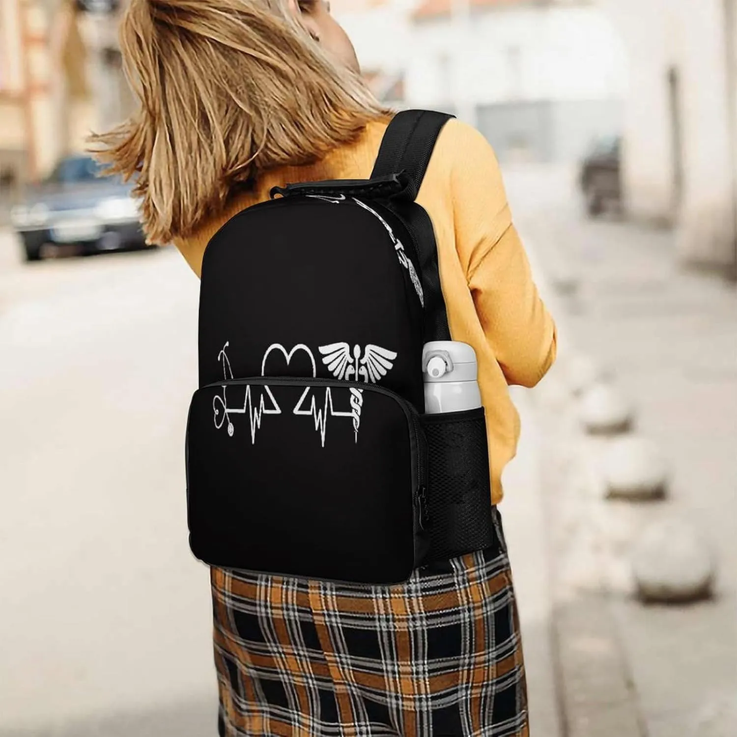 Supdreamc Love Heart Nurse Heartbeat Black And White Rucksack Polyester Anti-Theft Multipurpose Carry On Bag Large Capacity Travel and Sport Backpack Rucksack With Smooth Zippers