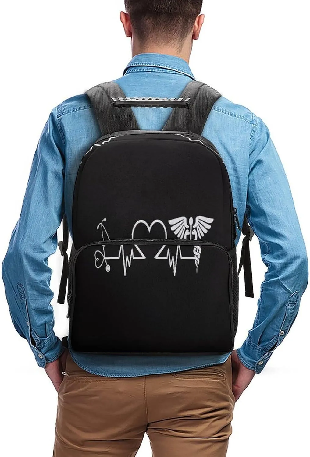 Supdreamc Love Heart Nurse Heartbeat Black And White Rucksack Polyester Anti-Theft Multipurpose Carry On Bag Large Capacity Travel and Sport Backpack Rucksack With Smooth Zippers