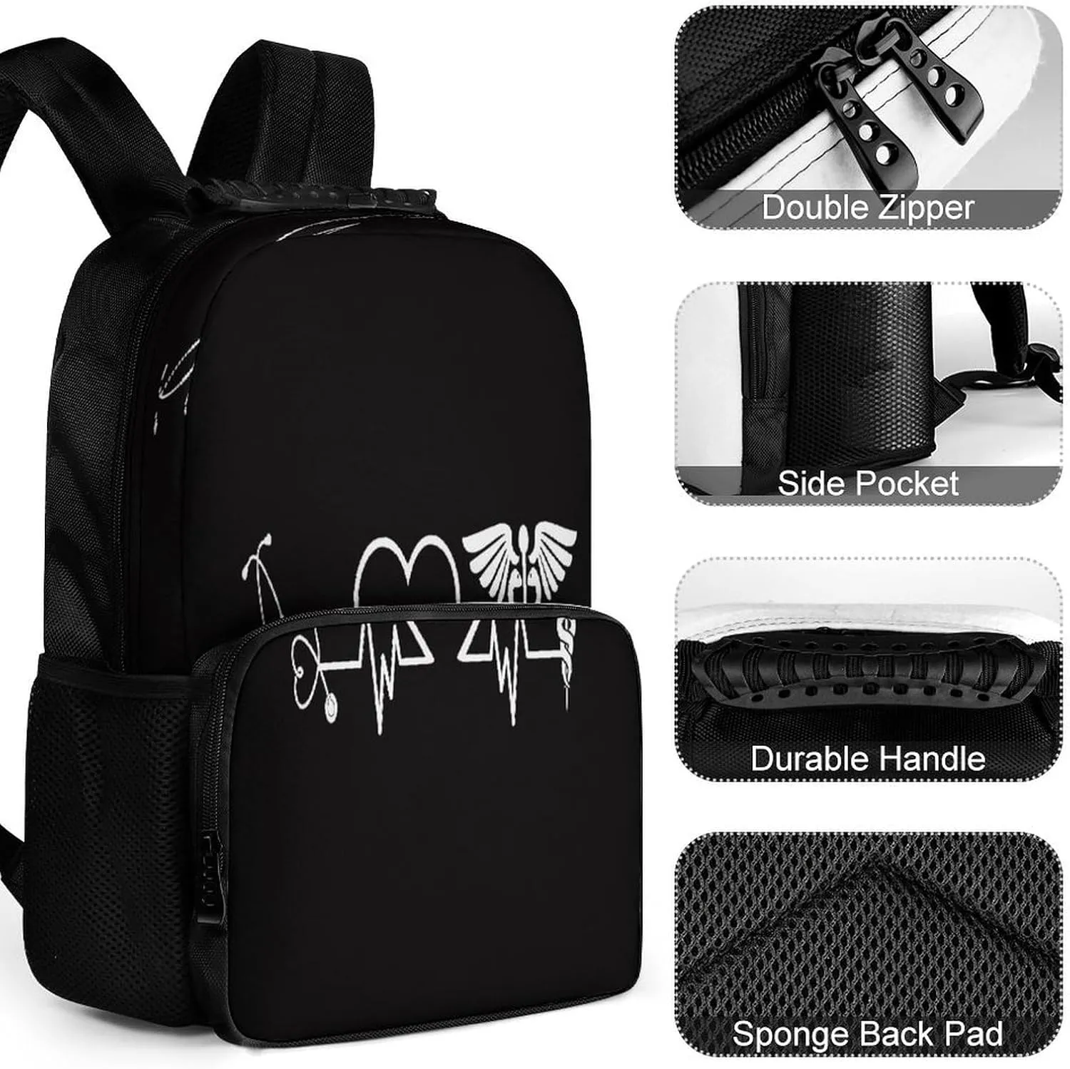 Supdreamc Love Heart Nurse Heartbeat Black And White Rucksack Polyester Anti-Theft Multipurpose Carry On Bag Large Capacity Travel and Sport Backpack Rucksack With Smooth Zippers