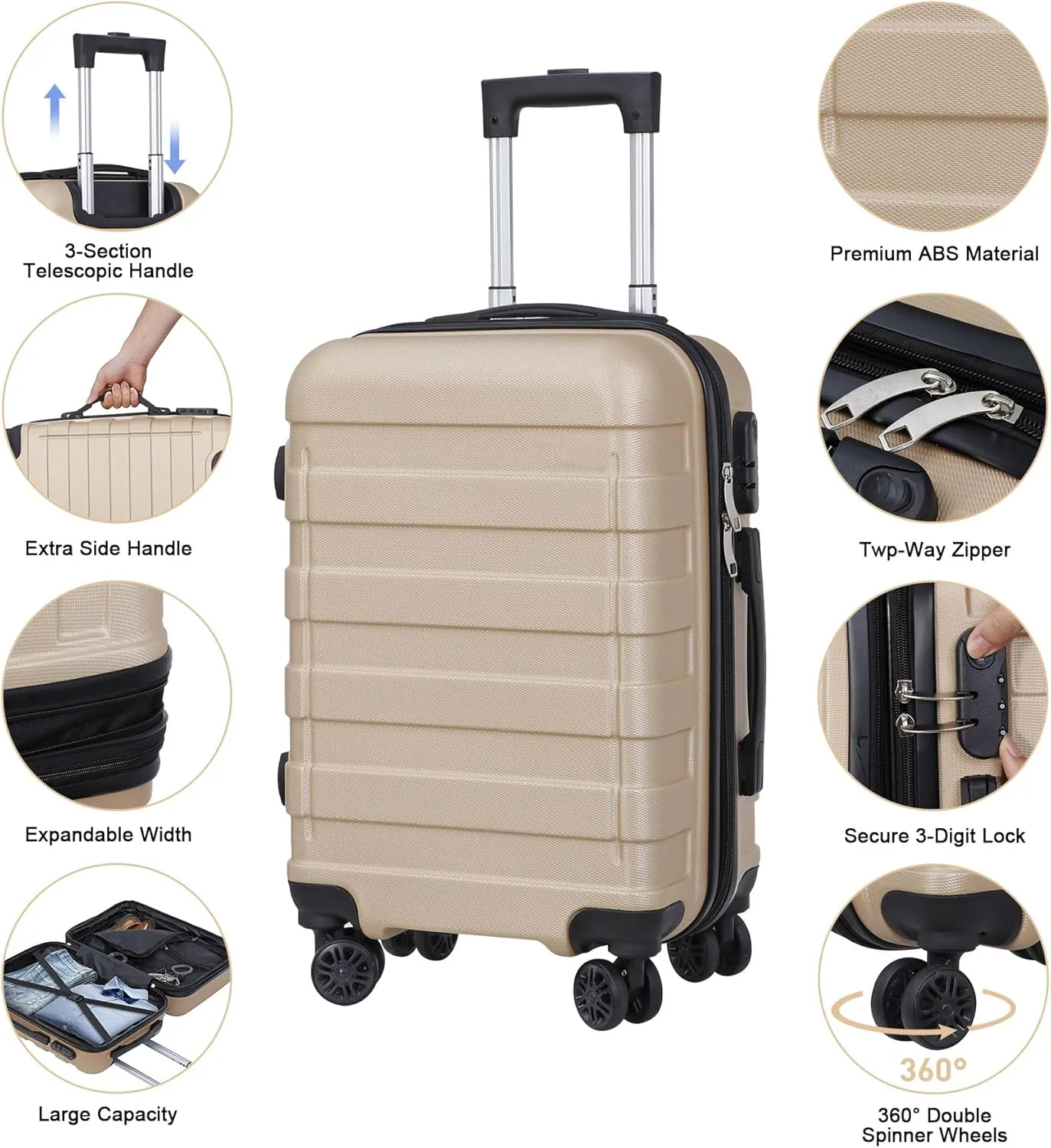 SUPER DEAL 21 Inch Expandable Suitcase Hardside Carry On Travel Luggage with Spinner Wheels Height Adjustable Handle, Champagne