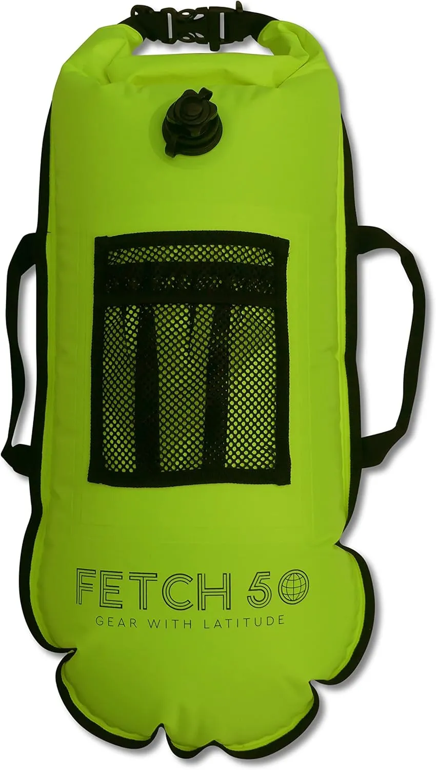 Swim Buoy Dry Bag | Double Chamber Dry Bag with Handles, Nutrition Pouch and Whistle | Flourcesent Yellow Swimming Tow Float
