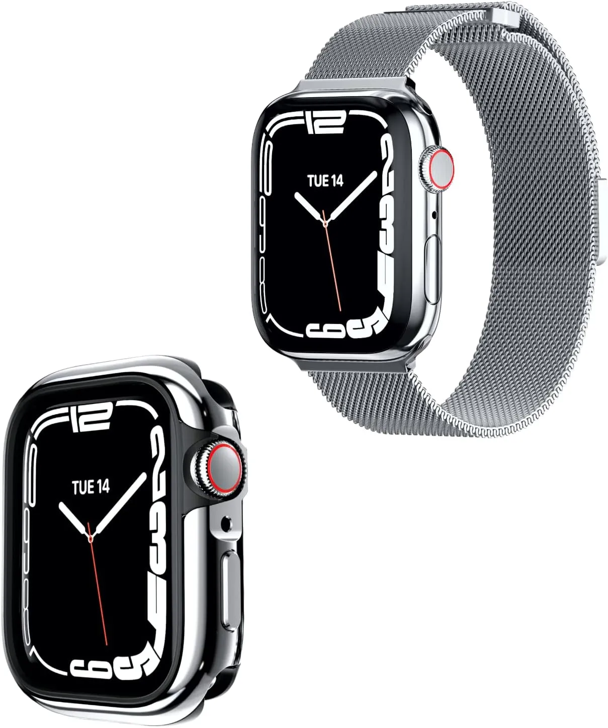 SWITCHEASY 44mm 45mm Odyssey Polished Aluminum Apple Watch Case with Milanese Loop, for Apple Watch (Flash Silver Case Silver Band)