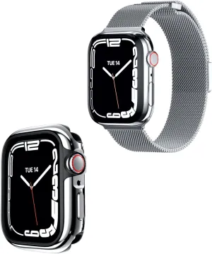 SWITCHEASY 44mm 45mm Odyssey Polished Aluminum Apple Watch Case with Milanese Loop, for Apple Watch (Flash Silver Case Silver Band)