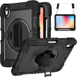 Tablet PC Case Compatible with iPad 10th Generation 10.9 inch 2022 CASE,Heavy Duty Rugged Shockproof Protective Case with Hand Strap/Shoulder Strap Stable Kickstand Silicone Shell Protective Case(Blac