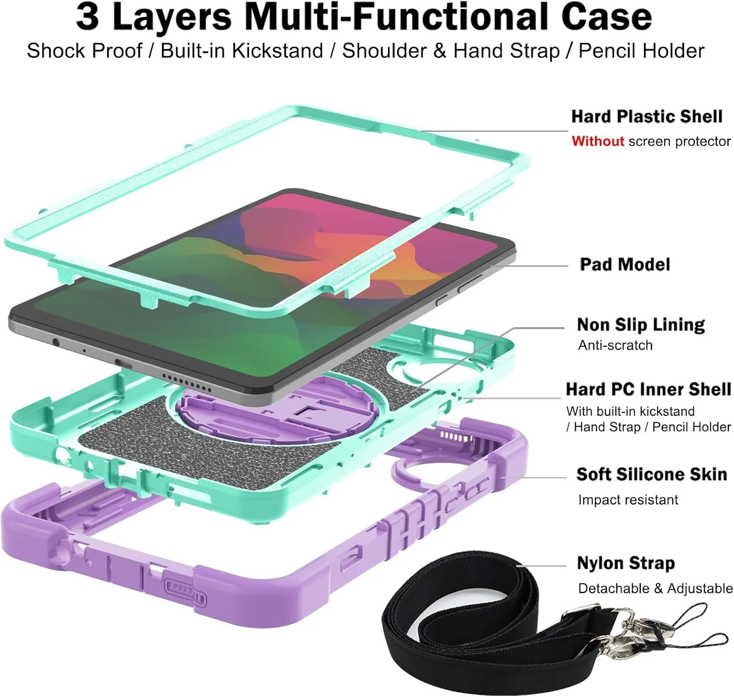 Tablet Protective Case Cover Heavy Duty Rugged Case Compatible with Xiaomi Redmi Pad SE 8.7/Redmi Pad SE 4G Released 2024 , Shockproof Protective Case with Hand Strap/Shoulder Strap Stable Kickstand S