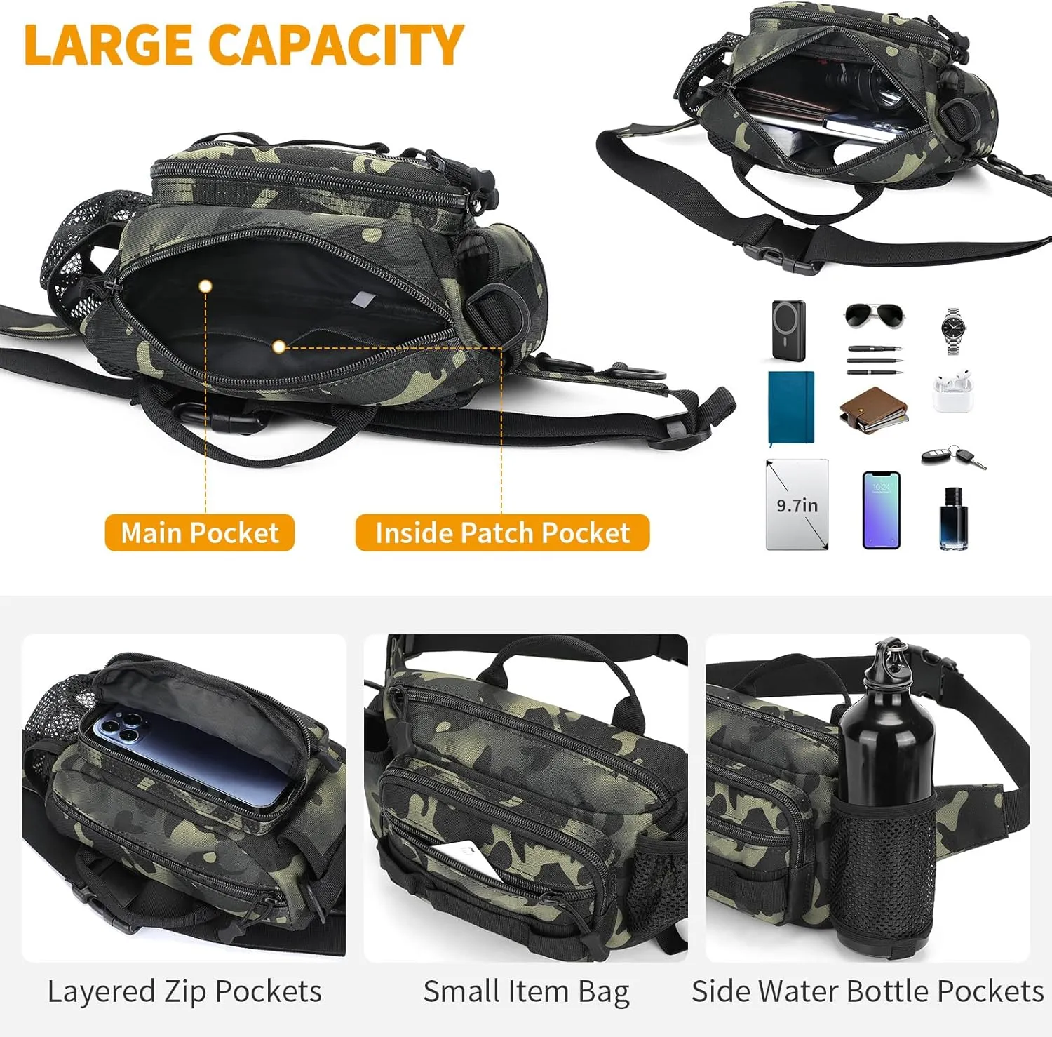 Tactical Fanny Pack Portable Military Waist Bum Bag for Men Women (#R-Camo Black)