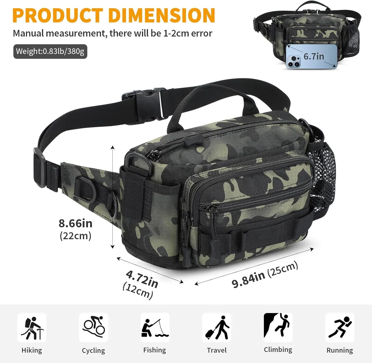 Tactical Fanny Pack Portable Military Waist Bum Bag for Men Women (#R-Camo Black)