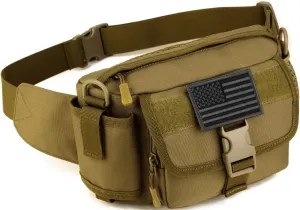 Tactical Fanny Pack with Mesh Water Bottle Holder Pouch Military Running Waist Bag Sling Hip Belt MOLLE Army Lumbar Gear Pocket (1 Patch Included), Brown