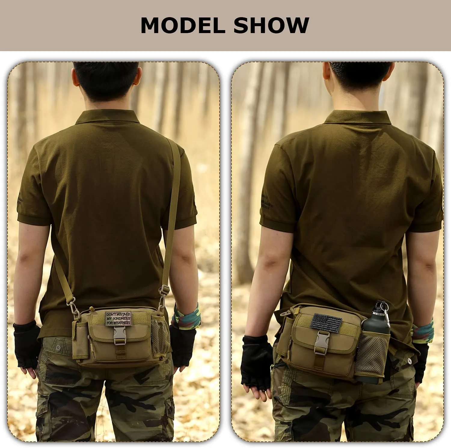Tactical Fanny Pack with Mesh Water Bottle Holder Pouch Military Running Waist Bag Sling Hip Belt MOLLE Army Lumbar Gear Pocket (1 Patch Included), Brown