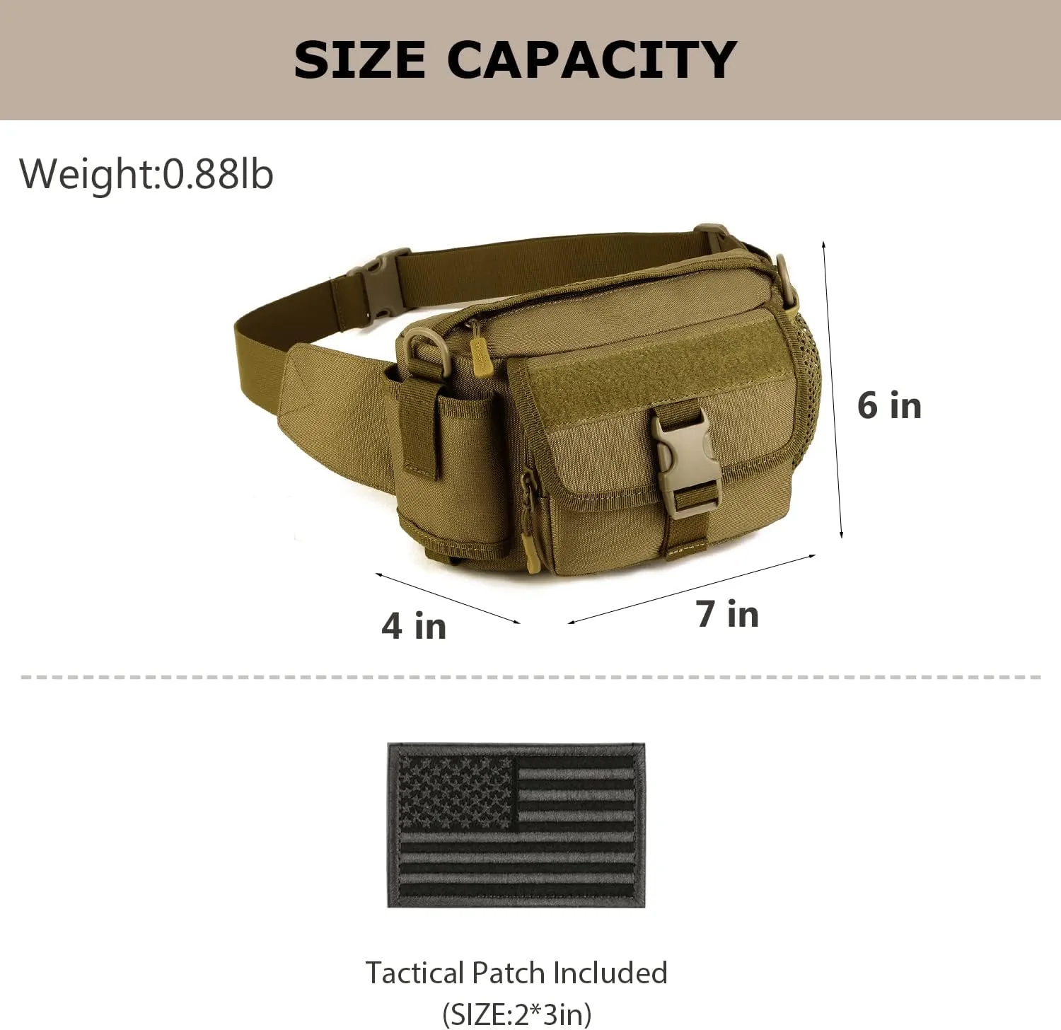 Tactical Fanny Pack with Mesh Water Bottle Holder Pouch Military Running Waist Bag Sling Hip Belt MOLLE Army Lumbar Gear Pocket (1 Patch Included), Brown