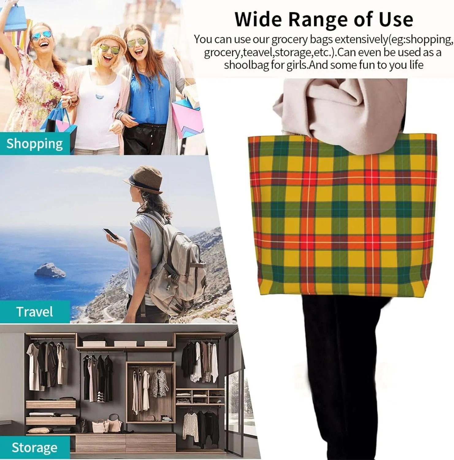 Tartan Tote Bag For Women Weekender Travel Bag Reusable Grocery Bags Large Totes Handbags
