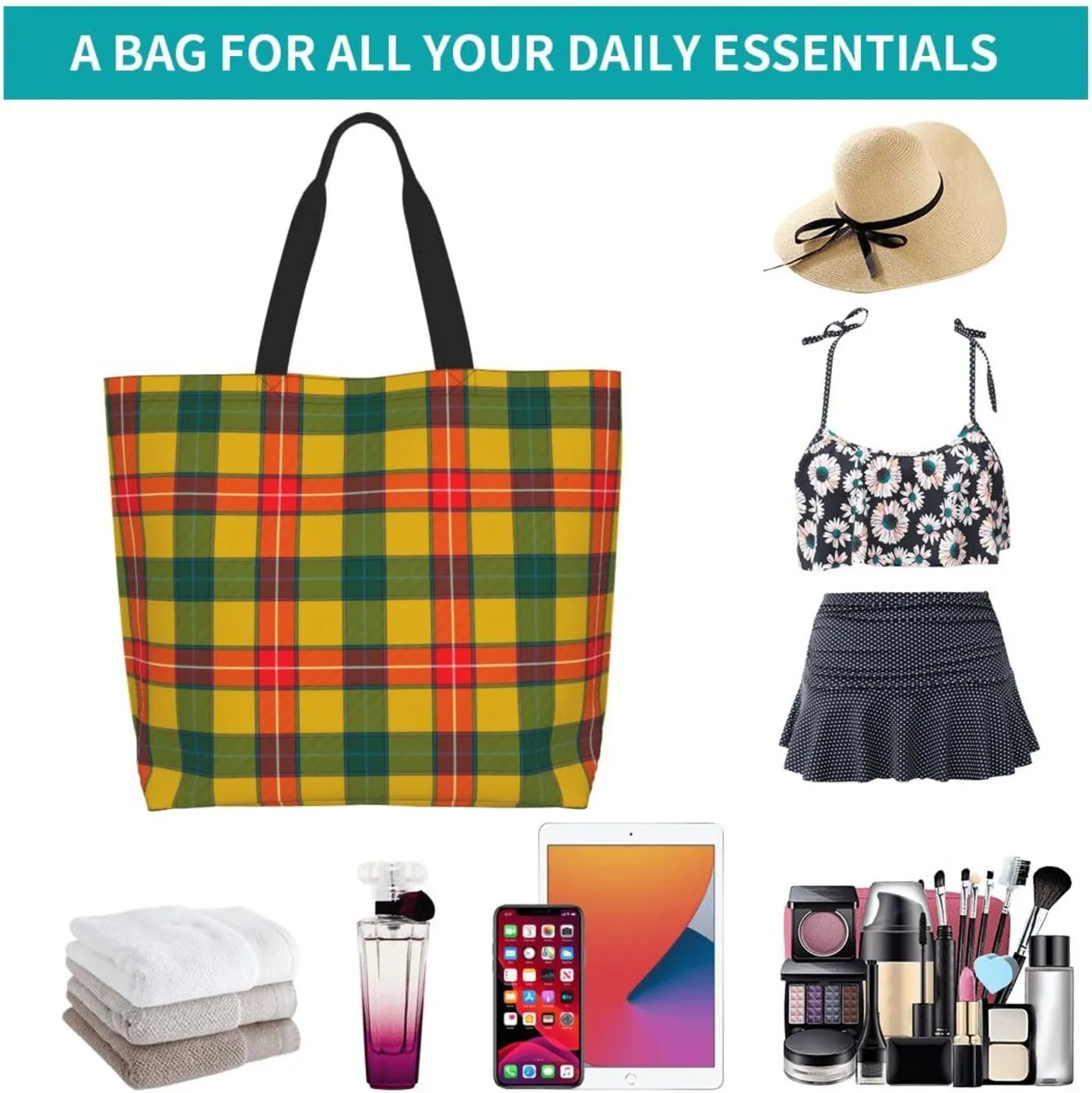 Tartan Tote Bag For Women Weekender Travel Bag Reusable Grocery Bags Large Totes Handbags