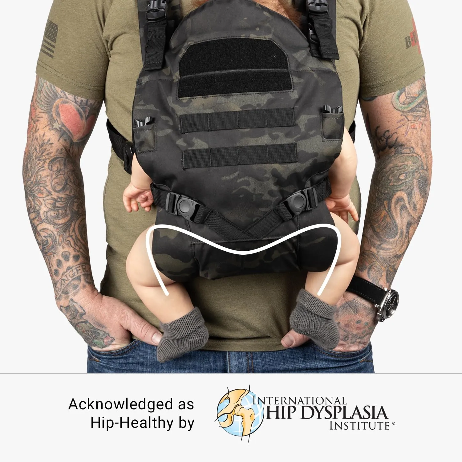TBG - Mens Tactical Baby Carrier for Infants and Toddlers 8-33 lbs - Compact (Black Camo)