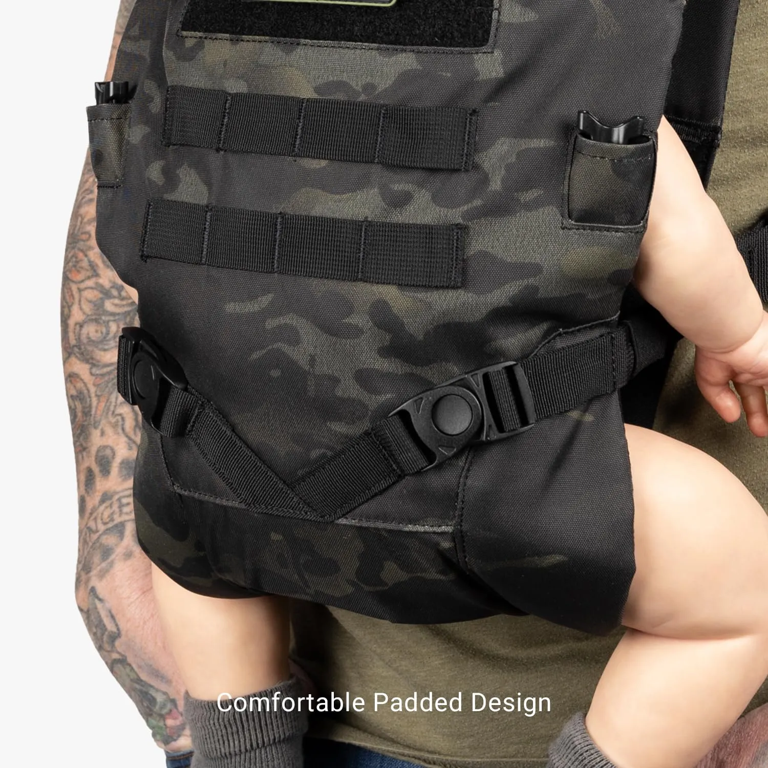 TBG - Mens Tactical Baby Carrier for Infants and Toddlers 8-33 lbs - Compact (Black Camo)
