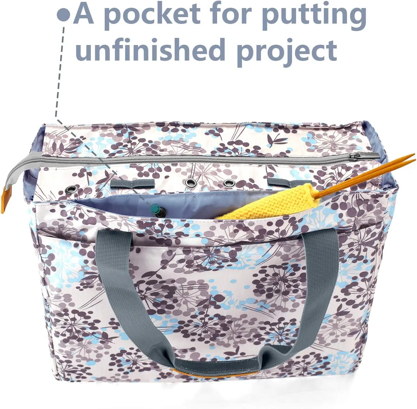Teamoy Knitting Bag, Travel Yarn Storage Tote Organizer for Yarn, Unfinished Project, Crochet Hooks, Knitting Needles and Accessories, Lightweight, Water-resistant, Large Capacity, Dandelion