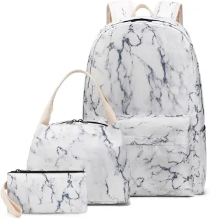 Teen Girls School Backpack Travel Laptop Backpack Casual Daypack College School Bookbag with Lunch Box and Pencil Case (Marble)