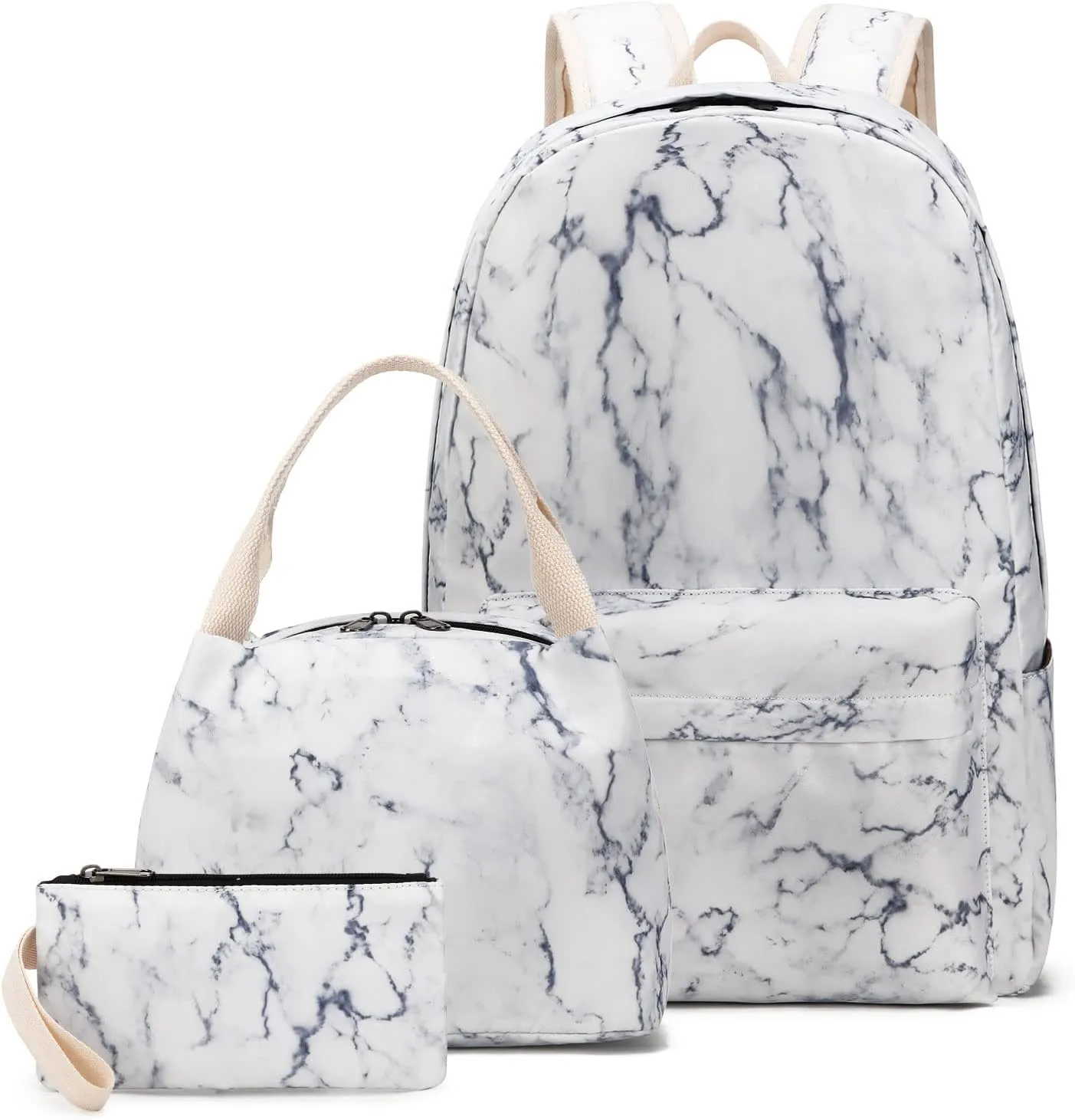 Teen Girls School Backpack Travel Laptop Backpack Casual Daypack College School Bookbag with Lunch Box and Pencil Case (Marble)