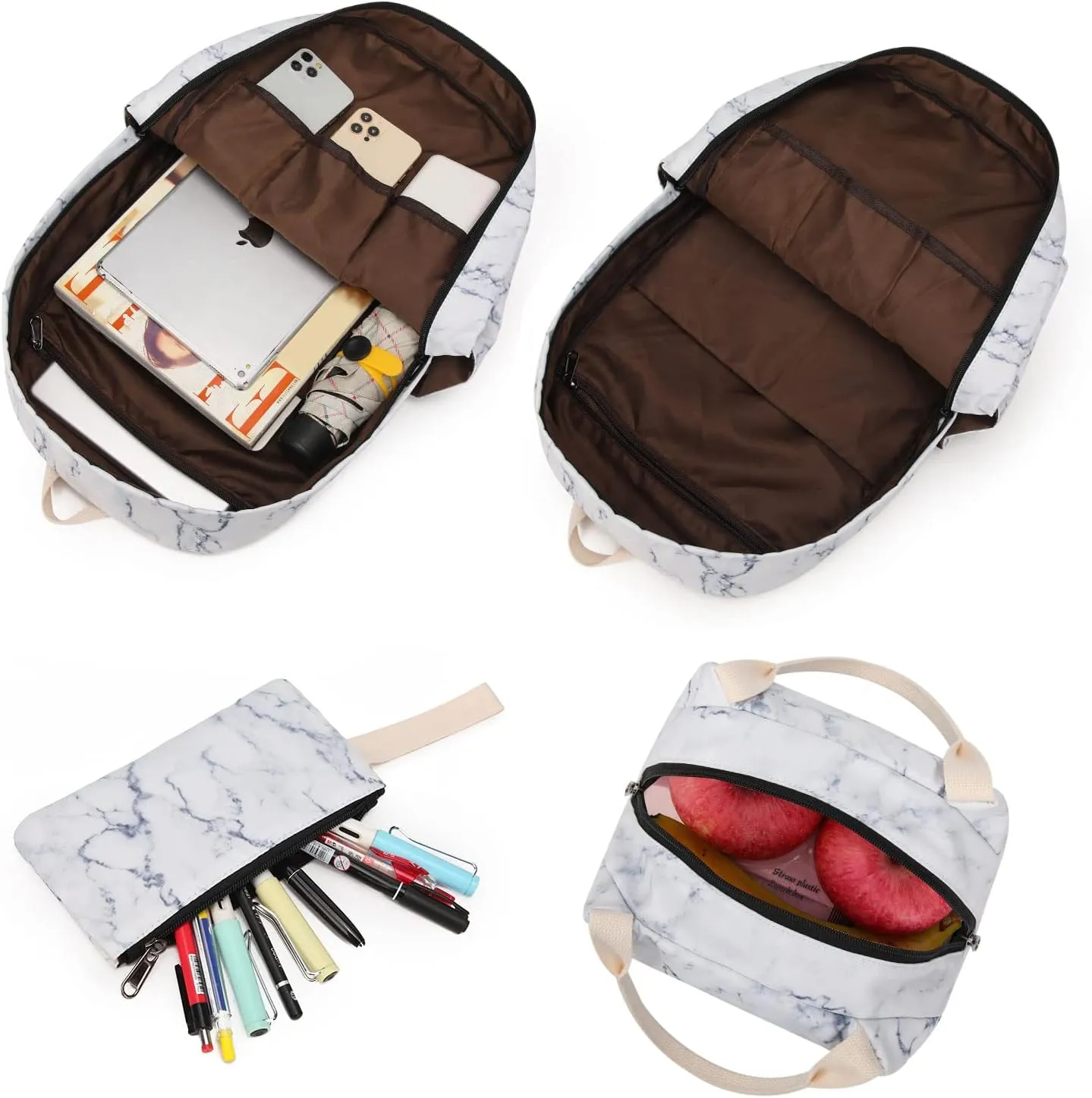 Teen Girls School Backpack Travel Laptop Backpack Casual Daypack College School Bookbag with Lunch Box and Pencil Case (Marble)