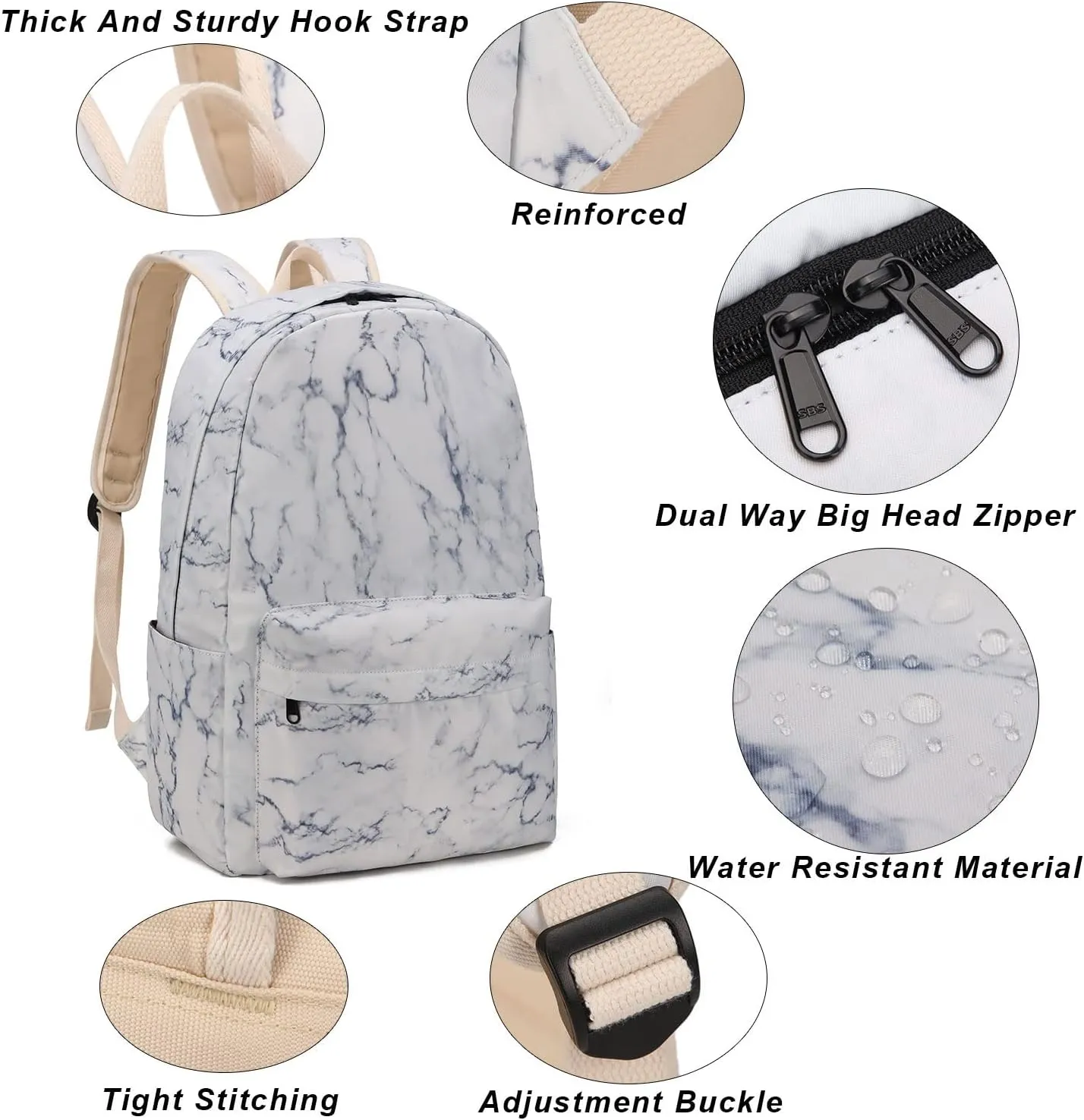 Teen Girls School Backpack Travel Laptop Backpack Casual Daypack College School Bookbag with Lunch Box and Pencil Case (Marble)