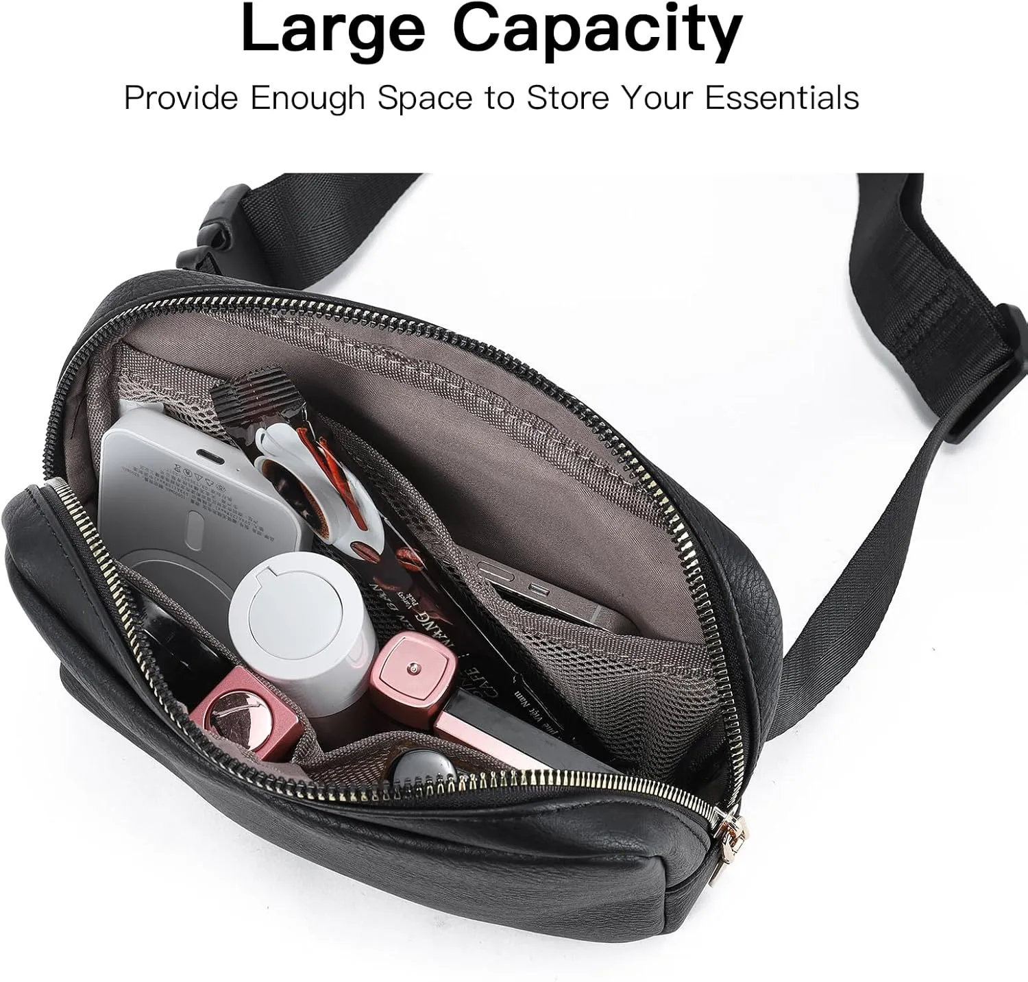 Telena Leather Belt Bag for Women Fashionable Fanny Packs Cross Body Bag Waist Pack Black