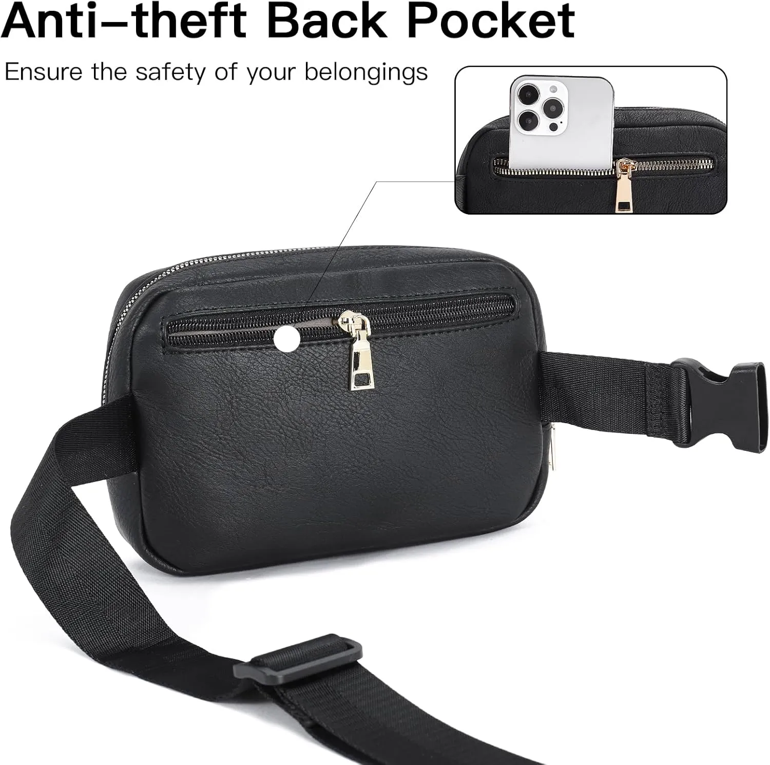Telena Leather Belt Bag for Women Fashionable Fanny Packs Cross Body Bag Waist Pack Black
