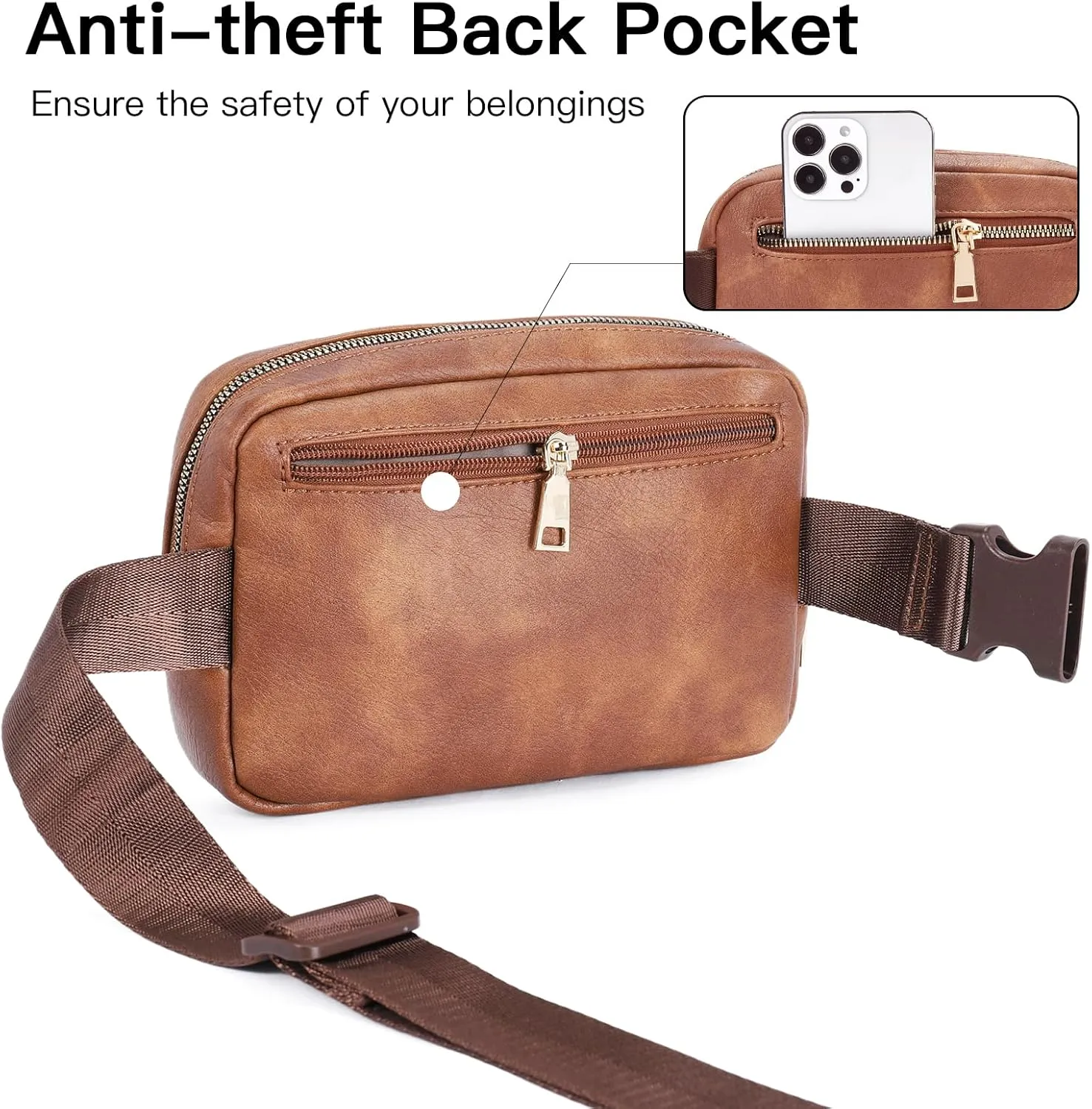 Telena Leather Belt Bag for Women Fashionable Fanny Packs Cross Body Bag Waist Pack Brown