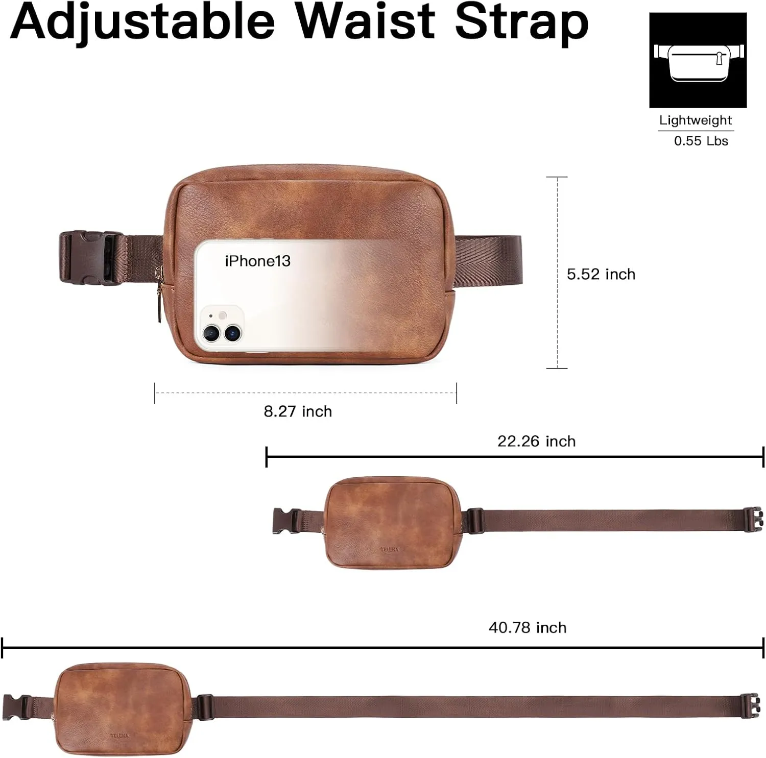 Telena Leather Belt Bag for Women Fashionable Fanny Packs Cross Body Bag Waist Pack Brown