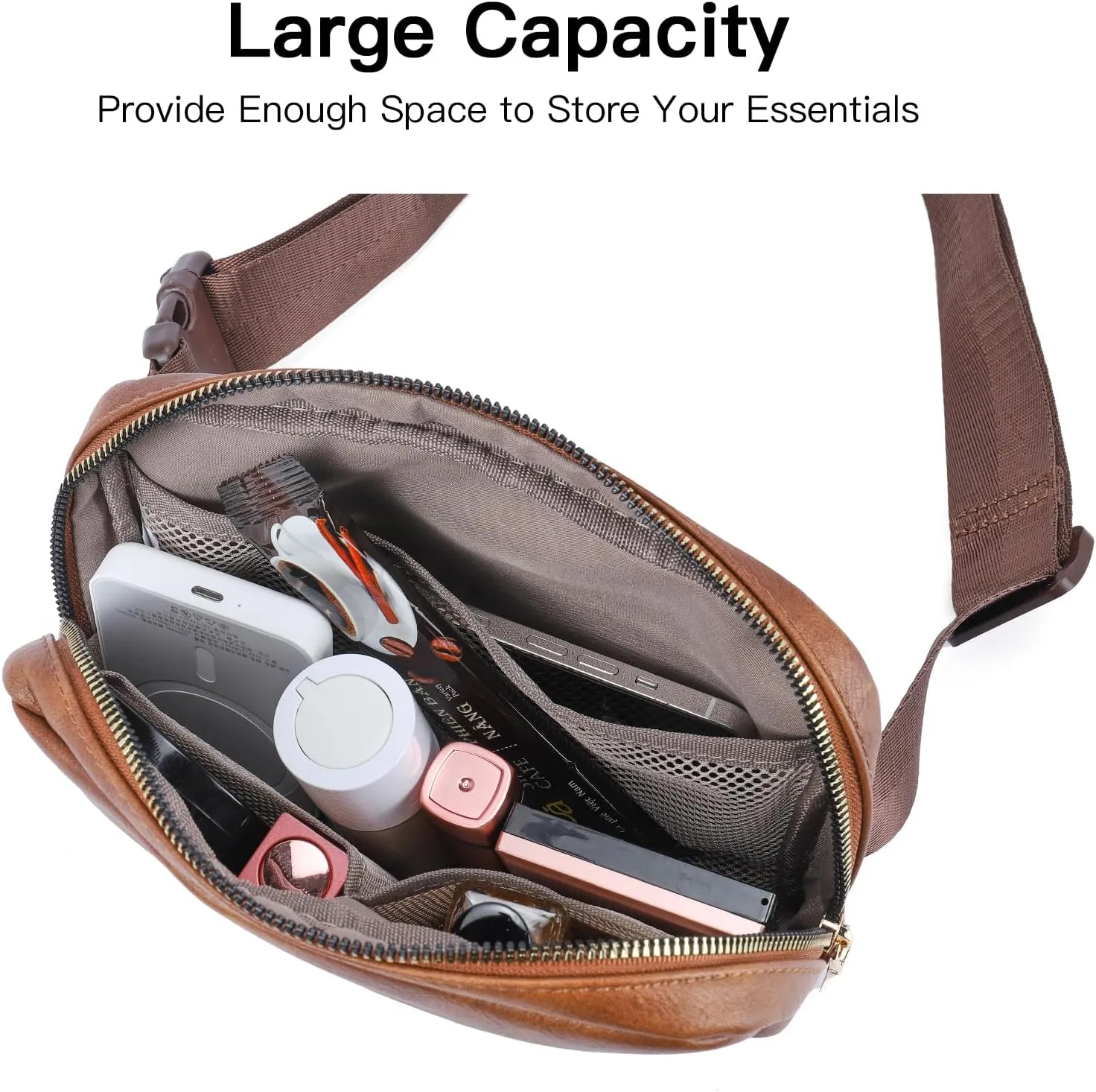 Telena Leather Belt Bag for Women Fashionable Fanny Packs Cross Body Bag Waist Pack Brown