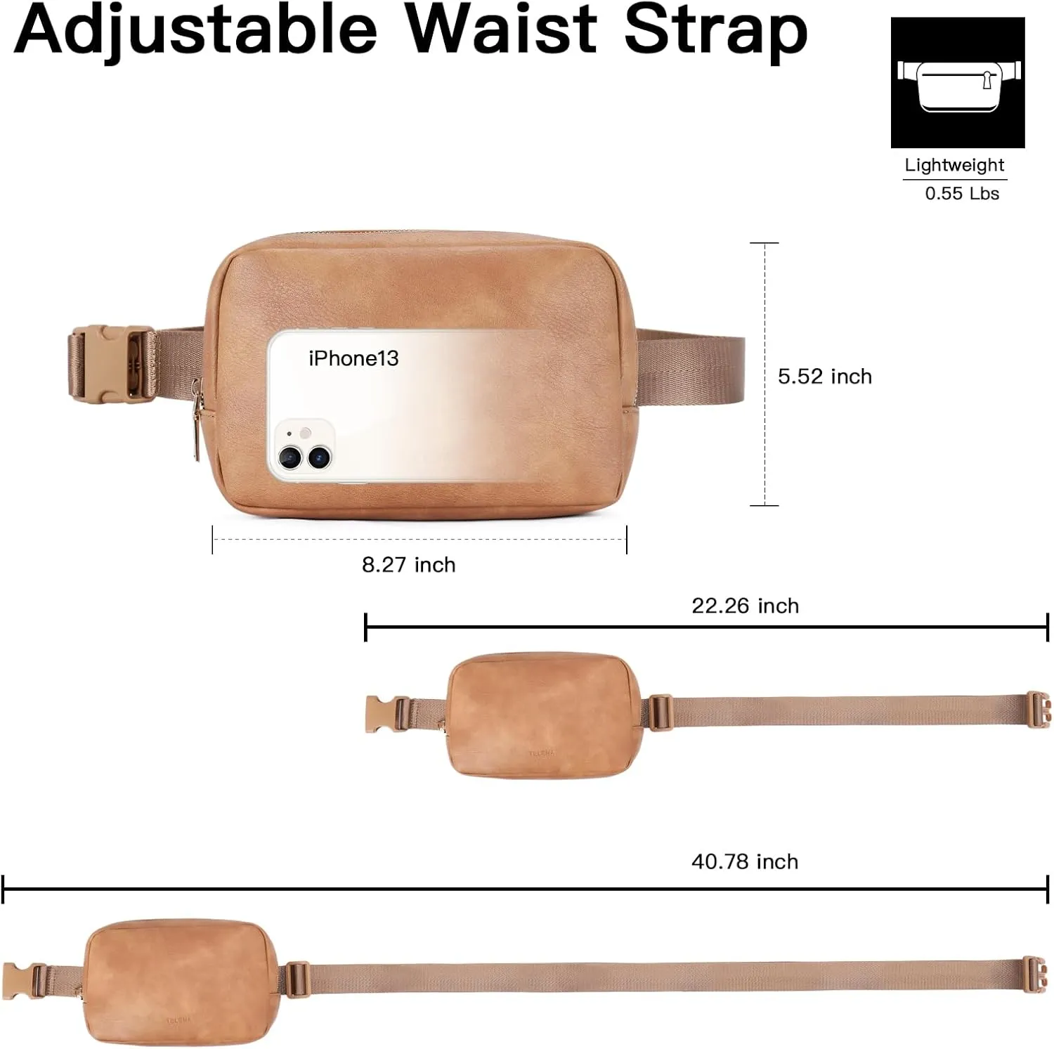 Telena Leather Belt Bag for Women Fashionable Fanny Packs Cross Body Bag Waist Pack Camel Brown
