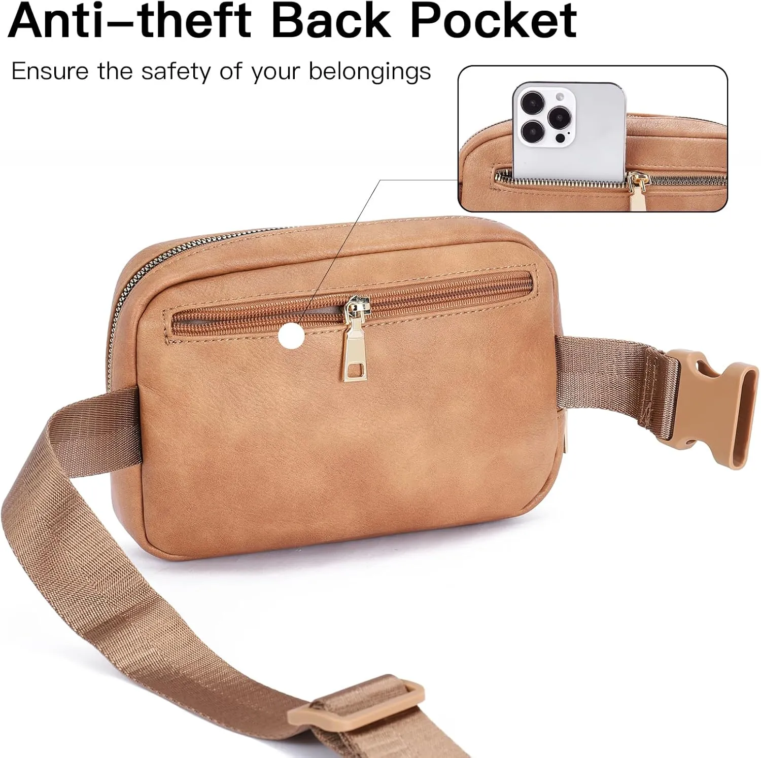Telena Leather Belt Bag for Women Fashionable Fanny Packs Cross Body Bag Waist Pack Camel Brown