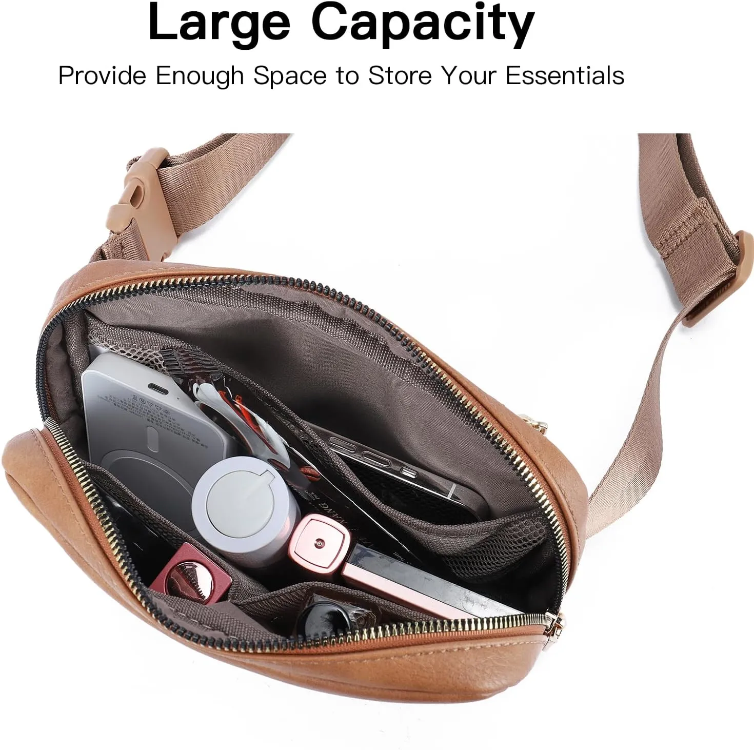 Telena Leather Belt Bag for Women Fashionable Fanny Packs Cross Body Bag Waist Pack Camel Brown