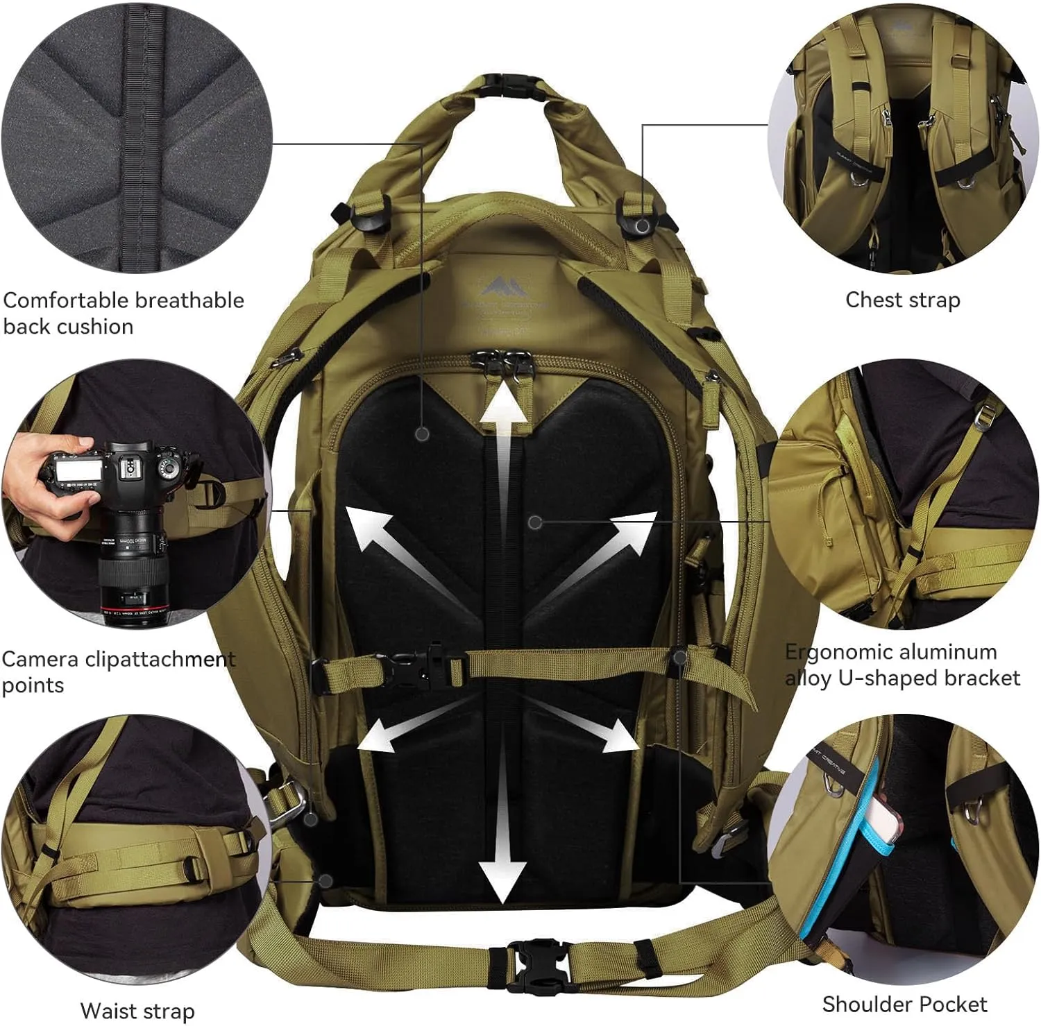 Tenzing 30L Water Resistant Large Travel Camera Backpack 14 inch Laptop Compartment with Rain Cover Fits DSLR, DSLR Cameras, Drone, Lenses,Tripod Brown
