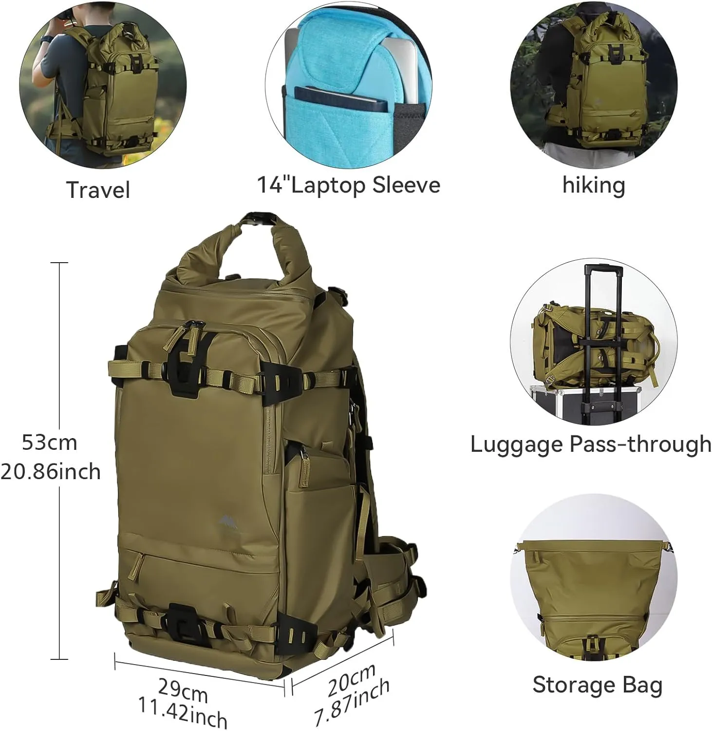 Tenzing 30L Water Resistant Large Travel Camera Backpack 14 inch Laptop Compartment with Rain Cover Fits DSLR, DSLR Cameras, Drone, Lenses,Tripod Brown