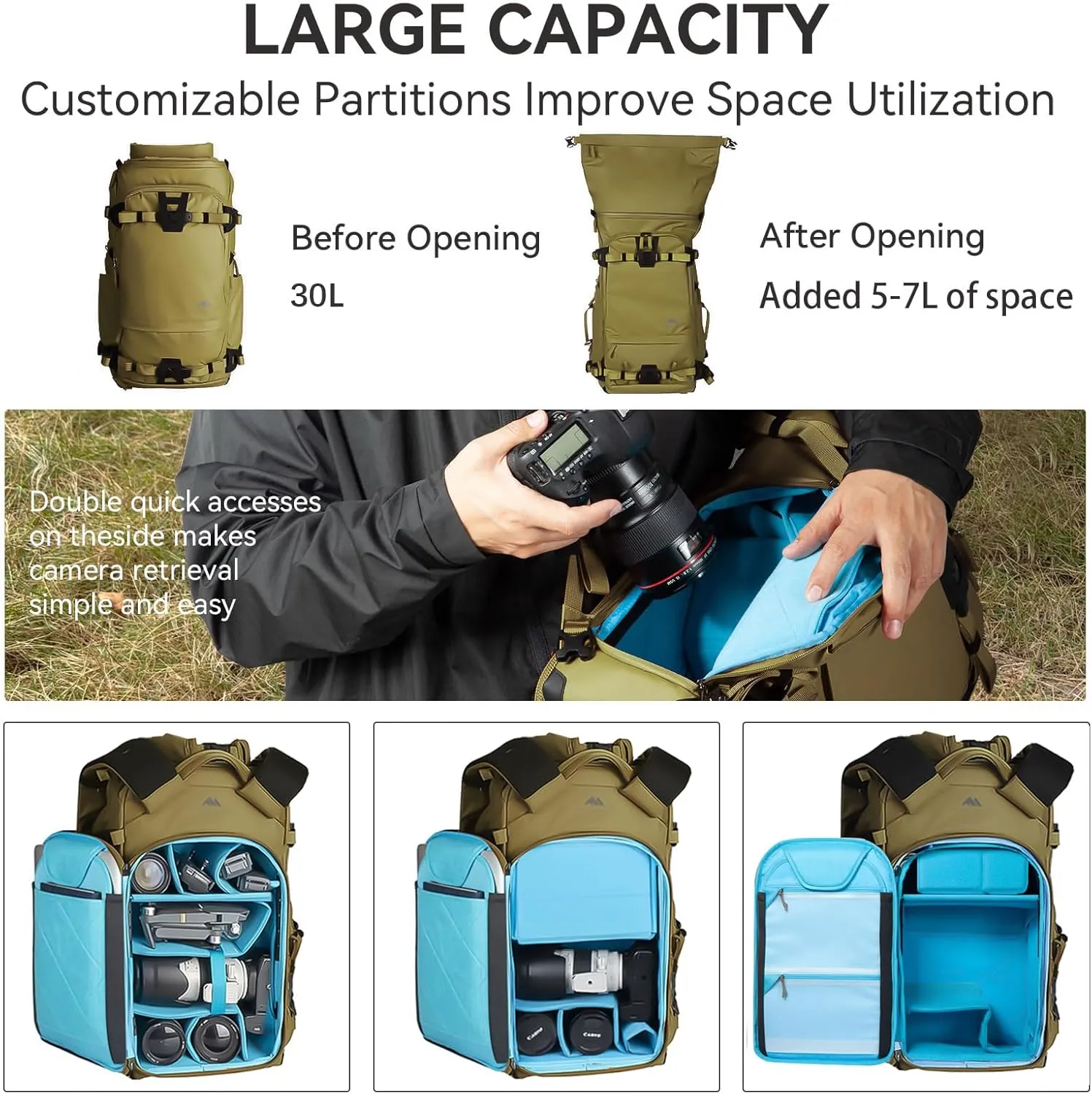 Tenzing 30L Water Resistant Large Travel Camera Backpack 14 inch Laptop Compartment with Rain Cover Fits DSLR, DSLR Cameras, Drone, Lenses,Tripod Brown