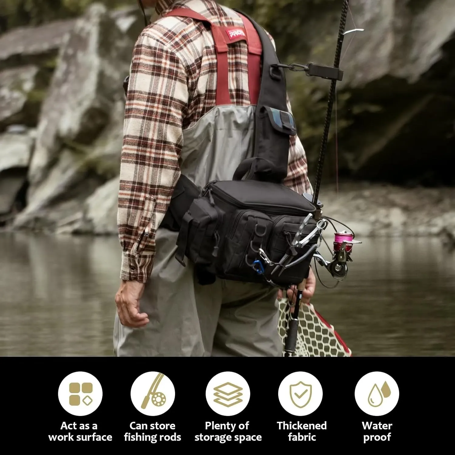 THKFISH Fishing Tackle Bag Fly Fishing Bag Sling Pack Portable Fishing fanny pack Waist Pack with D-Rings and Waist Strap Black