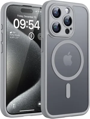 TOCOL Magnetic for iPhone 15 Pro Max Case, Upgraded Full Camera Protection, Compatible with Magsafe, Drop Protection, Translucent Matte Back Bumper Phone Cover 6.7-Inch（Gray）