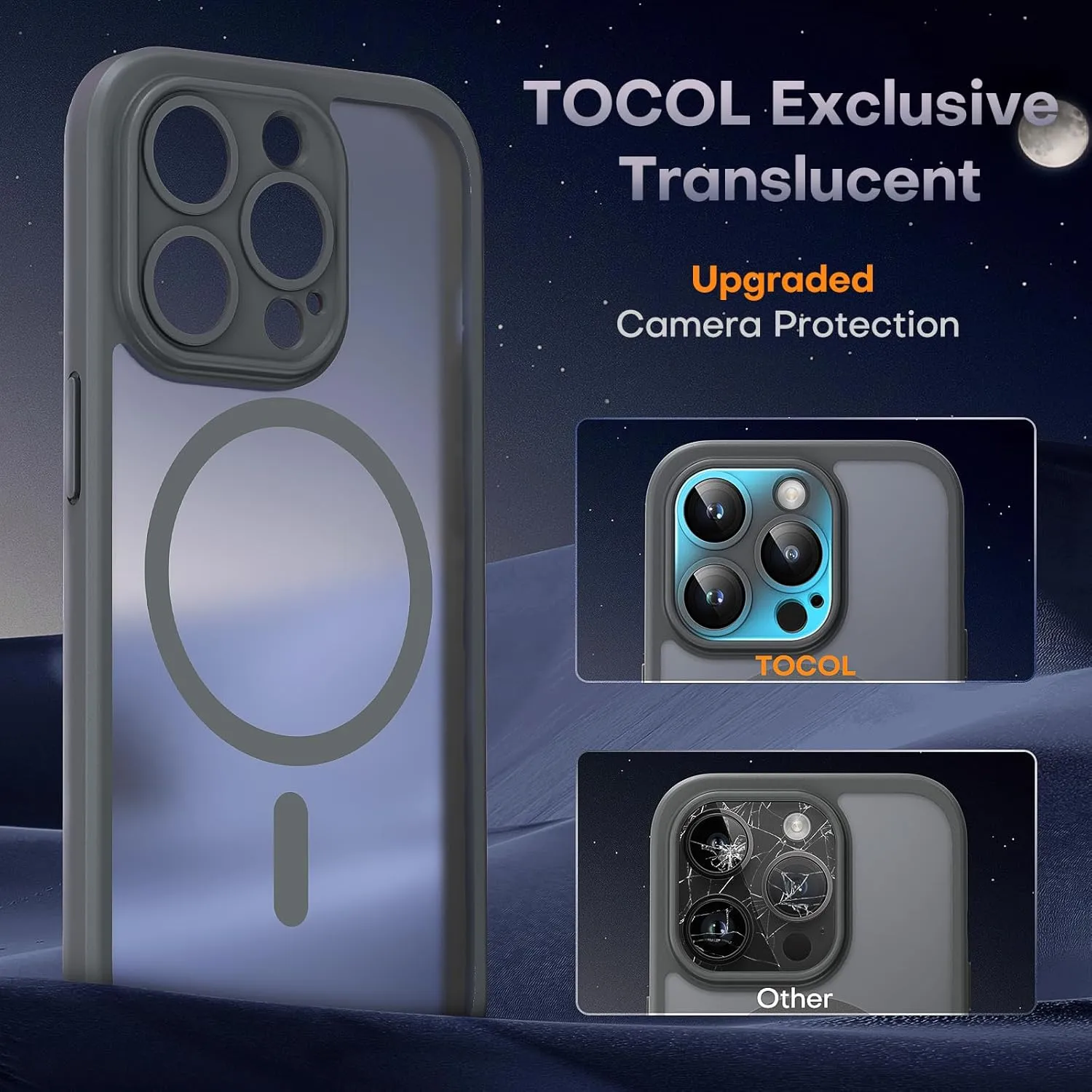 TOCOL Magnetic for iPhone 15 Pro Max Case, Upgraded Full Camera Protection, Compatible with Magsafe, Drop Protection, Translucent Matte Back Bumper Phone Cover 6.7-Inch（Gray）