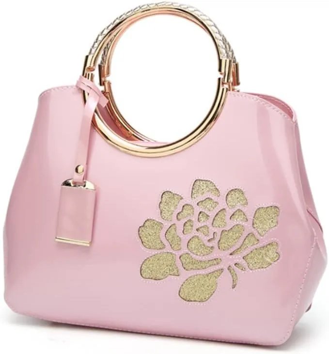 Top-handle Handbags Purse for Women Embroidered Flower Pattern Patent PU Tote Shoulder Bag Satchel