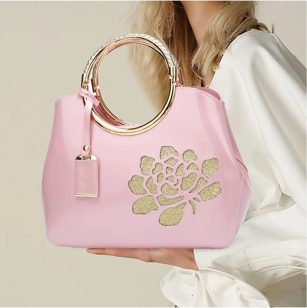 Top-handle Handbags Purse for Women Embroidered Flower Pattern Patent PU Tote Shoulder Bag Satchel