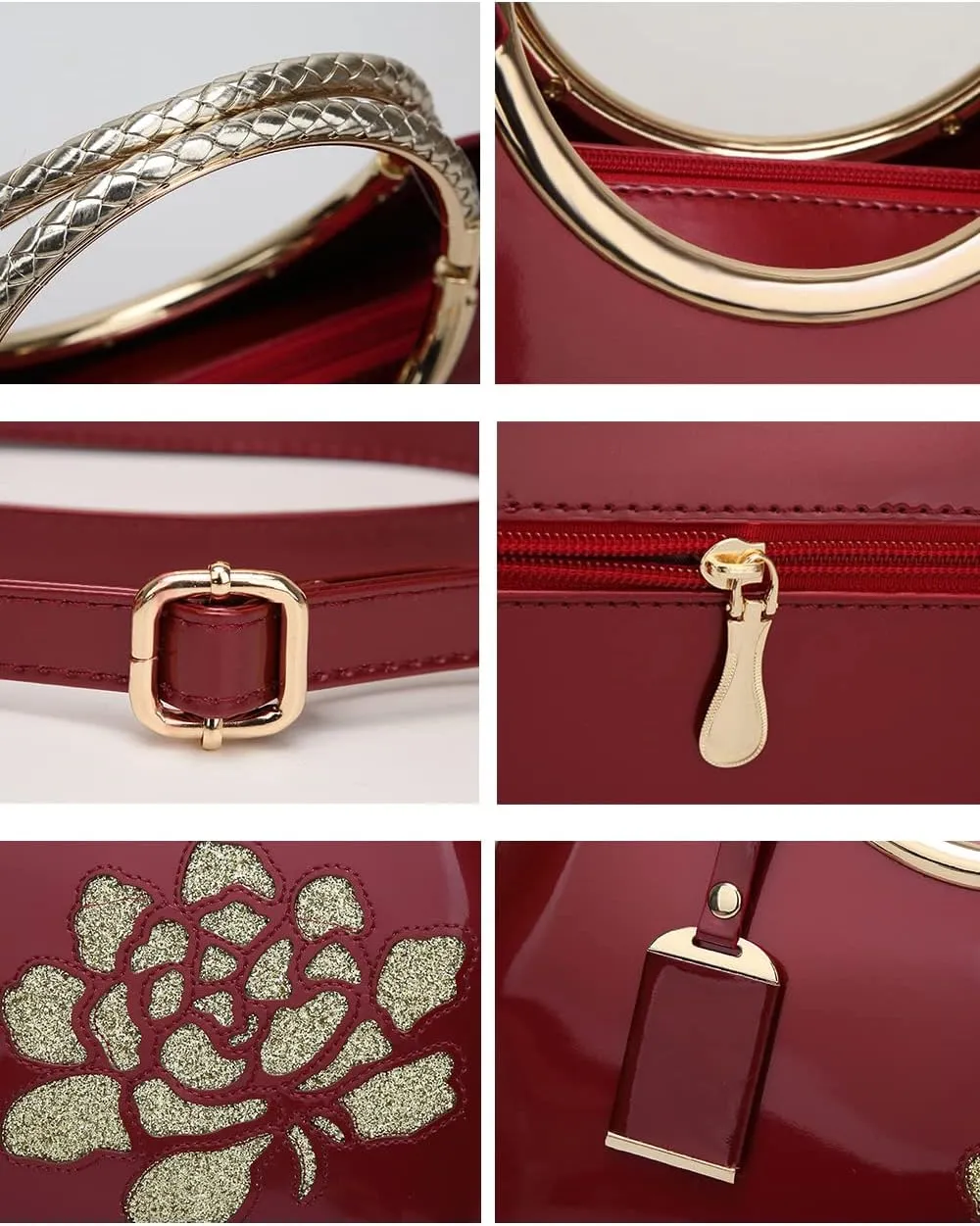 Top-handle Handbags Purse for Women Embroidered Flower Pattern Patent PU Tote Shoulder Bag Satchel
