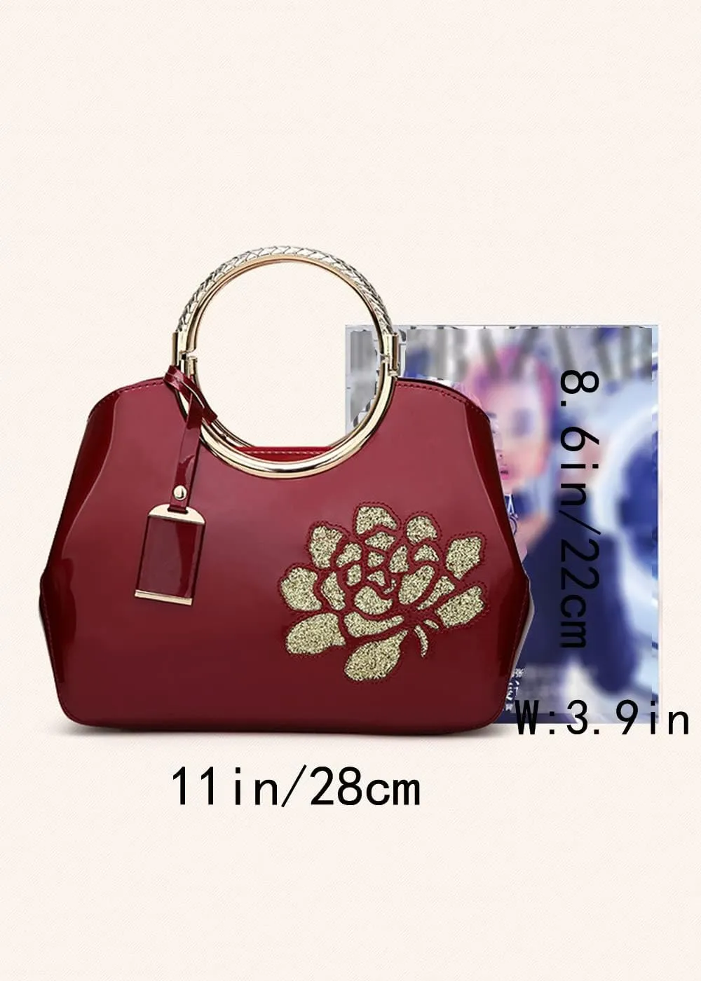 Top-handle Handbags Purse for Women Embroidered Flower Pattern Patent PU Tote Shoulder Bag Satchel