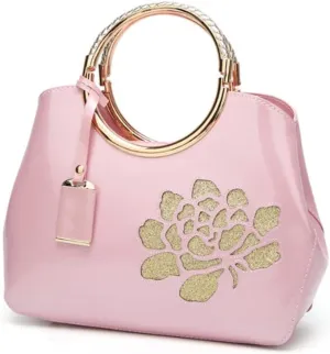 Top-handle Handbags Purse for Women Embroidered Flower Pattern Patent PU Tote Shoulder Bag Satchel