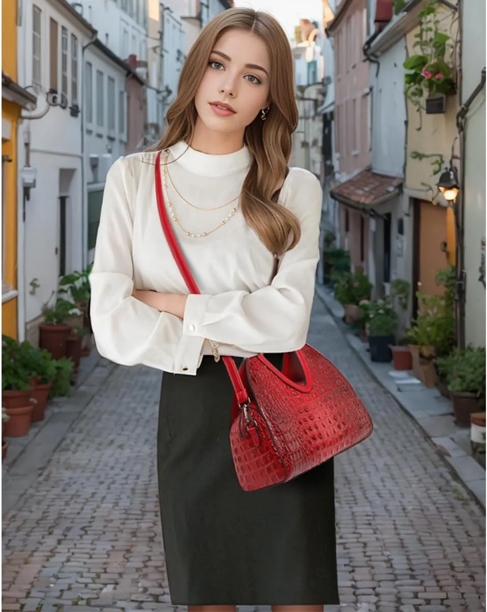 Top-handle Purse for Women Crocodile Print PU Leather Shoulder Handbag Waterproof Crossbody Bag with Adjustable Strap