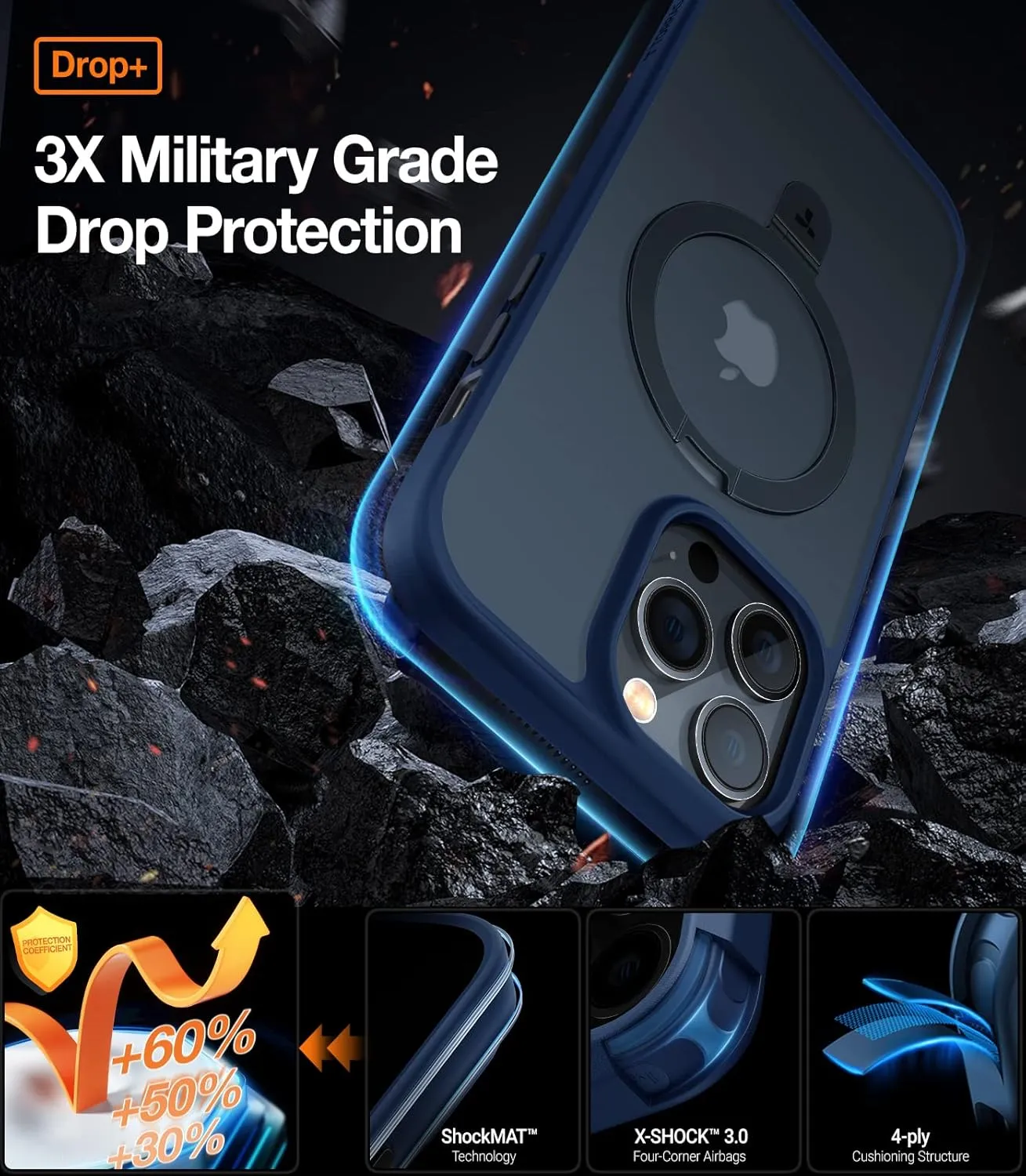 TORRAS Shockproof Magnetic for iPhone 13 Pro Max Case [Fit for Magsafe] with Stand, [10ft Military Drop Protection] Translucent Back Slim Protective 13 Pro Max Phone Case 6.7 inch, Blue